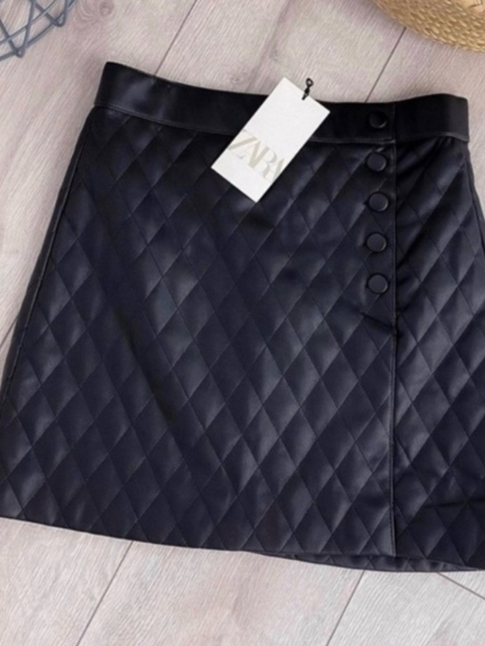 Zara Quilted Faux Leather Black Mini Skirt with Front Buttons - Picture 4 of 9